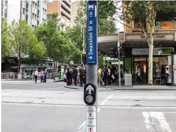 Demonstration of normal vision with a street crossing and sign on a streetscape