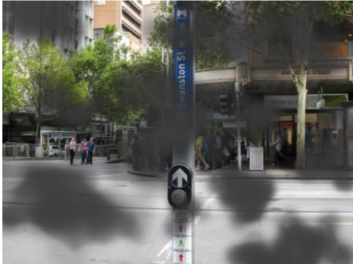 Demonstration of vision impacted bydiabetic retinopathy with a street crossing and sign on a streetscape