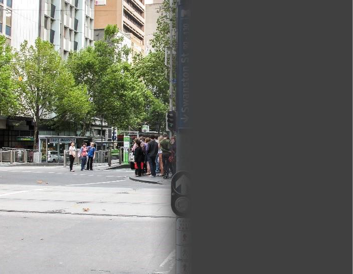 01-08_stroke-right-hemianopia Demonstration of vision impacted by a right hemianopia stroke with a street crossing and sign on a streetscape